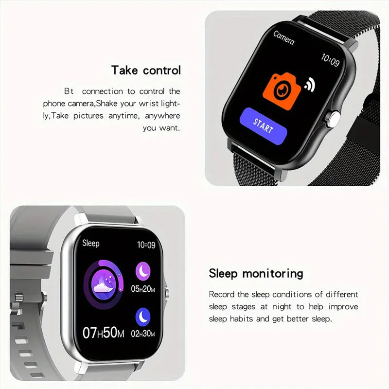 Smart watch with 144-inch touch screen showing heart rate display and Bluetooth calling interface