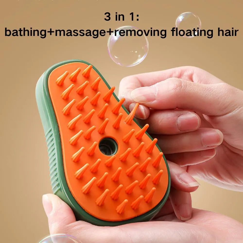 Green and white rechargeable cat steam brush with water spray for pet grooming