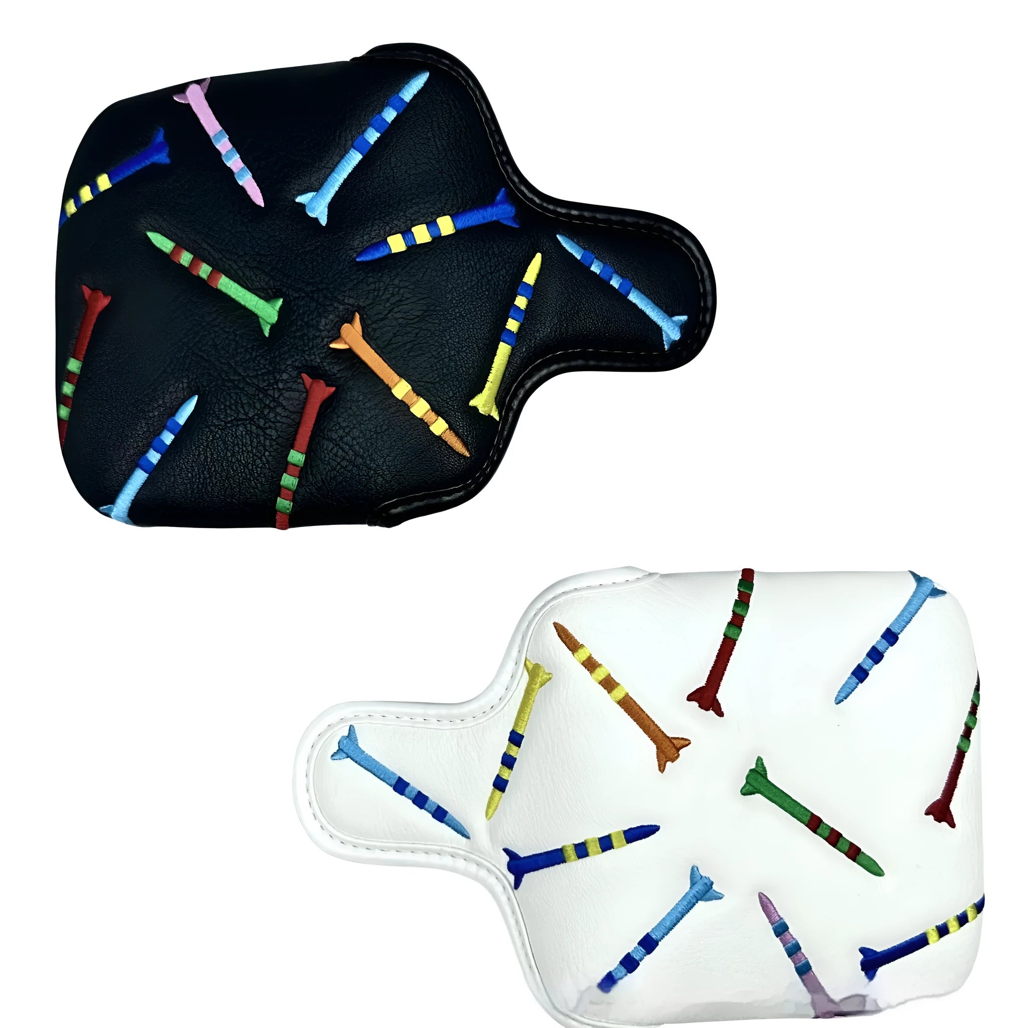 Black and white golf putter protective sleeve with rocket pattern design for square-headed clubs