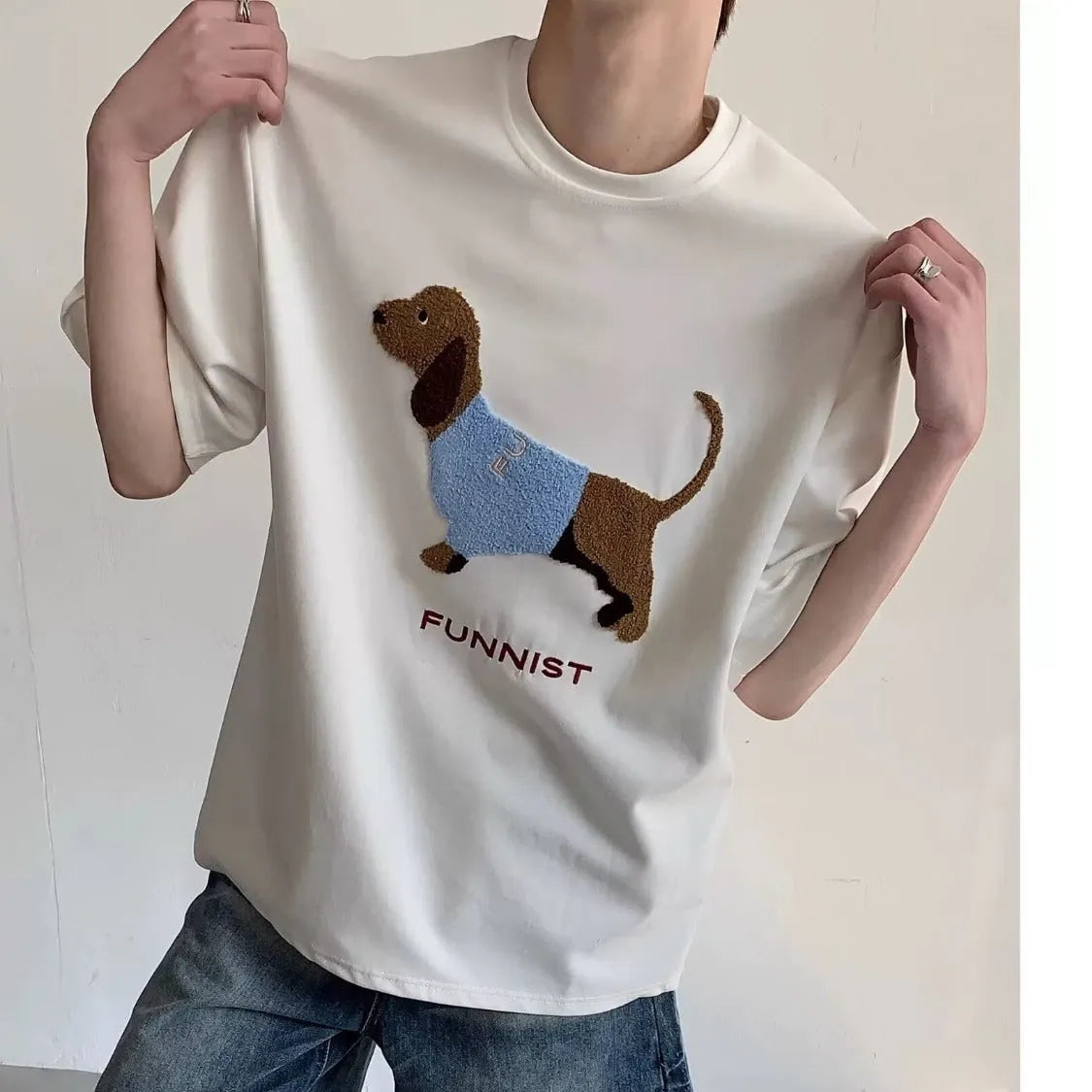 Men's grey cotton t-shirt with embroidered sausage dog design on the chest