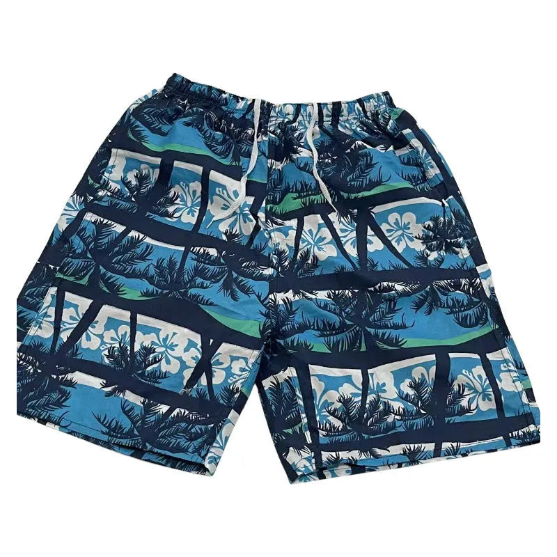 Men's floral print five-point swimming trunks in polyester, showing one of 24 available colour patterns.