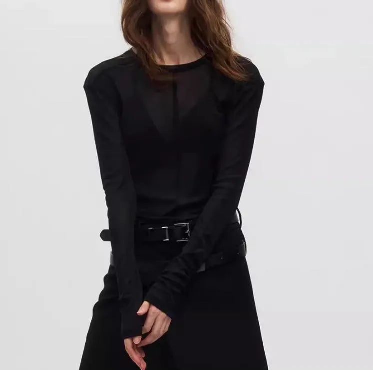 Black mesh see-through slim-fit pullover with long sleeves and a round collar.