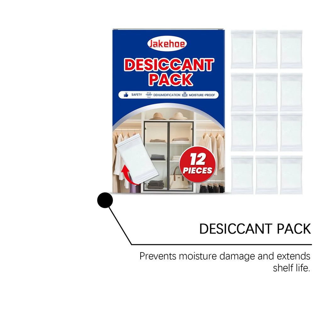 Pack of twelve white calcium chloride desiccant bags for household moisture control.