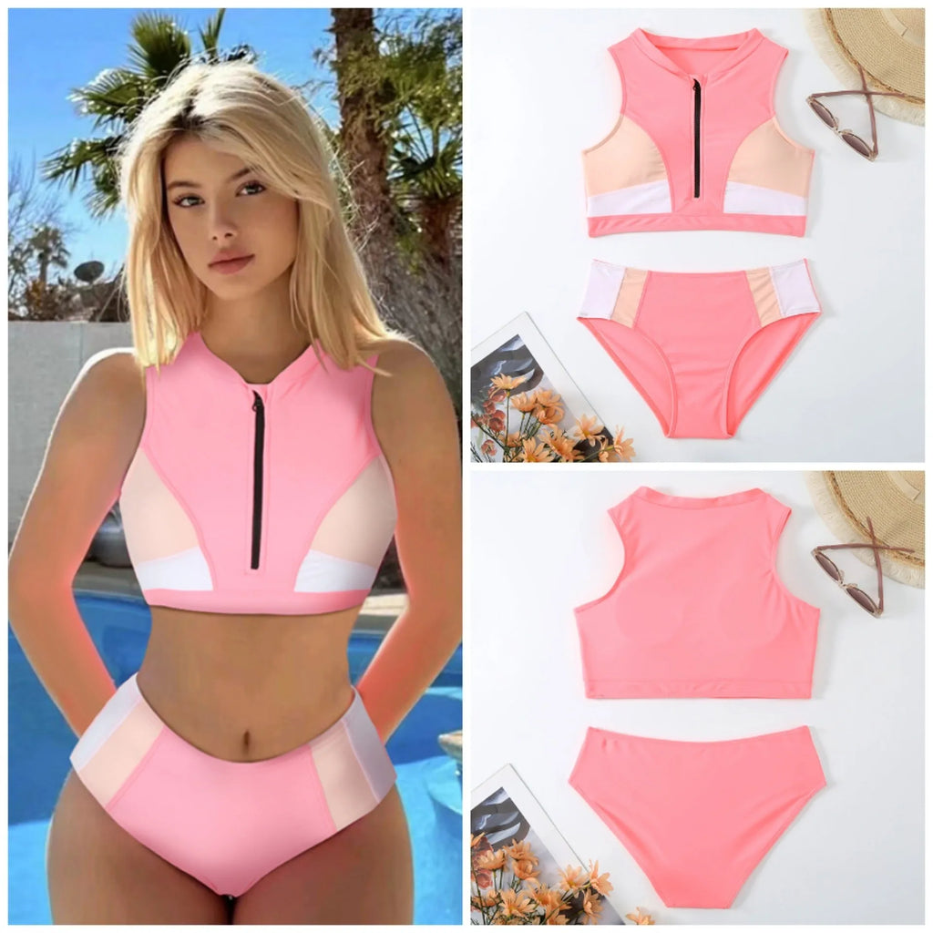 Pink high waist bikini swimsuit set with briefs style on a hanger.