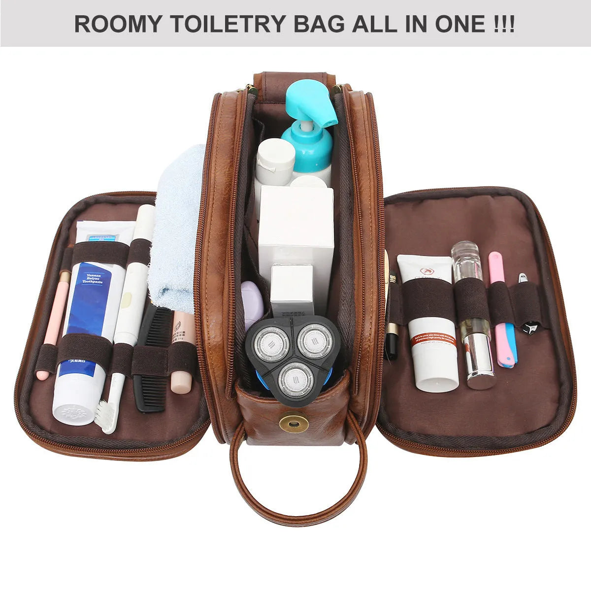 Men's solid colour Pu toiletry bag for travel storage, shown in black and brown options.