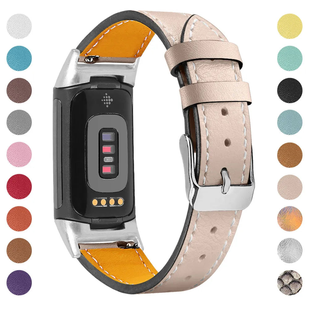 Genuine cowhide leather replacement watch strap for Fitbit Charge 5 and Charge 6 smartwatches.