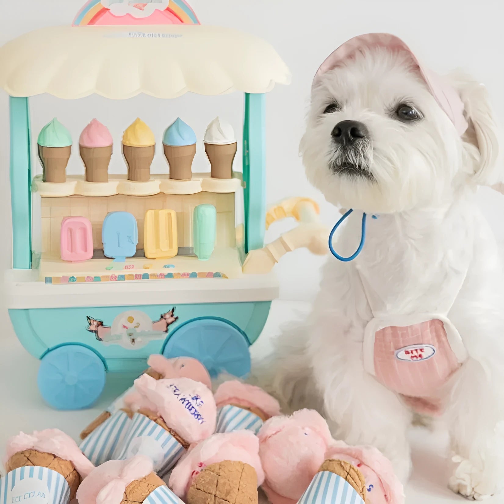 Fleece squeaky ice cream toy for dogs and cats in lake blue on a light background