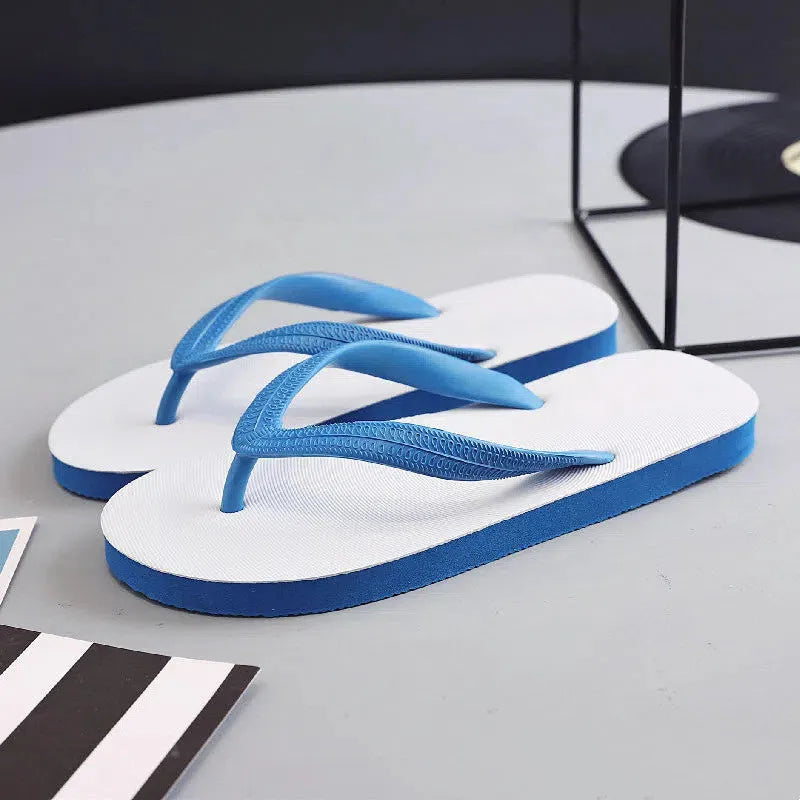 Fish label rubber flip-flops in four colours with non-slip deodorant soles, shown with size guide