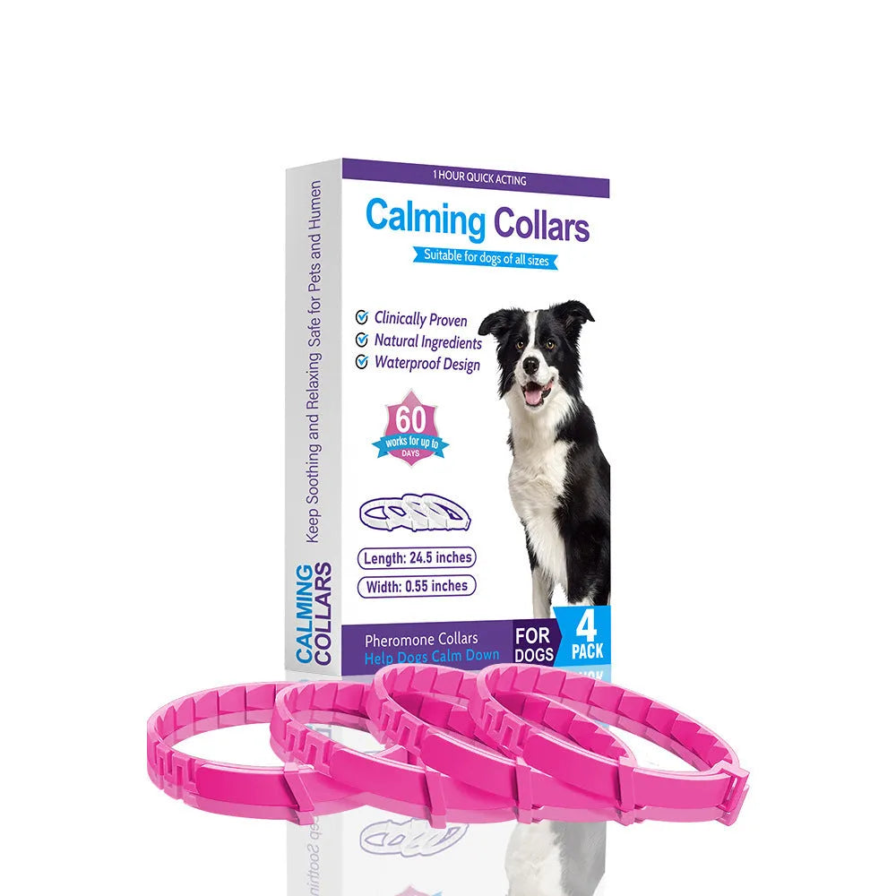 Four TPR dog anxiety collars in different colours showing Chinese style monochrome pattern.