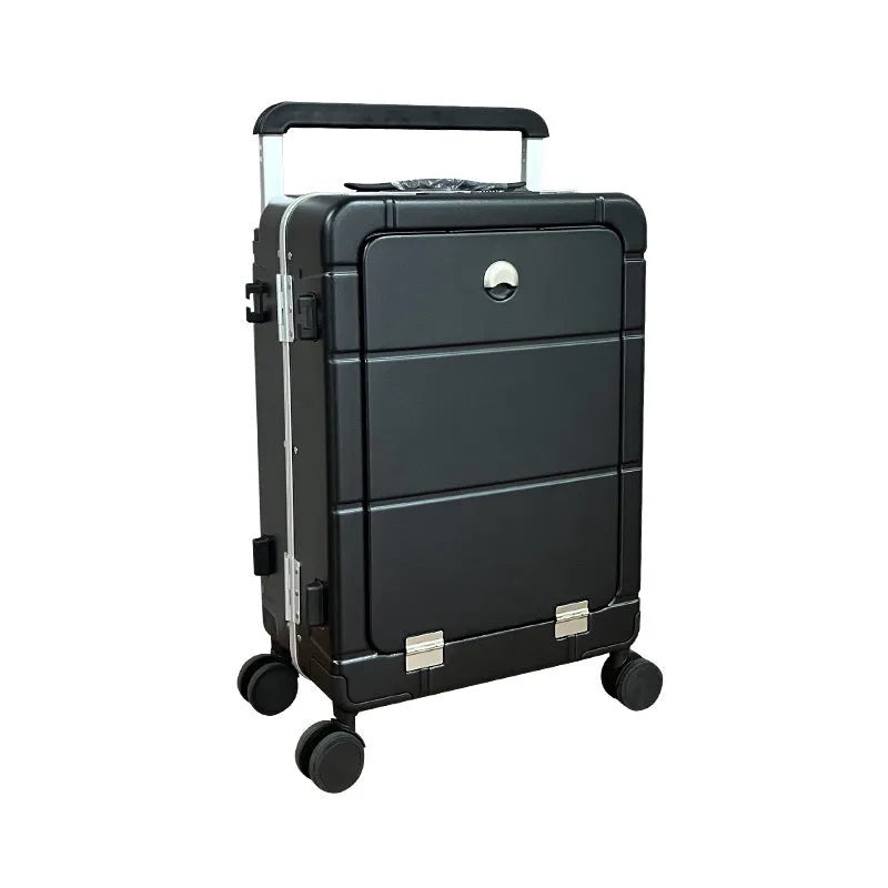 20-inch front opening suitcase in titanium silver colour with wet-dry separation compartments and universal wheels.