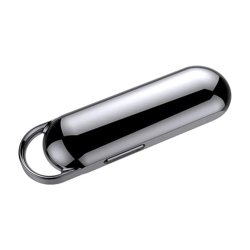 Black one-key recording smart voice recorder with built-in memory, measuring 83.5x23x11 mm, on a plain background.