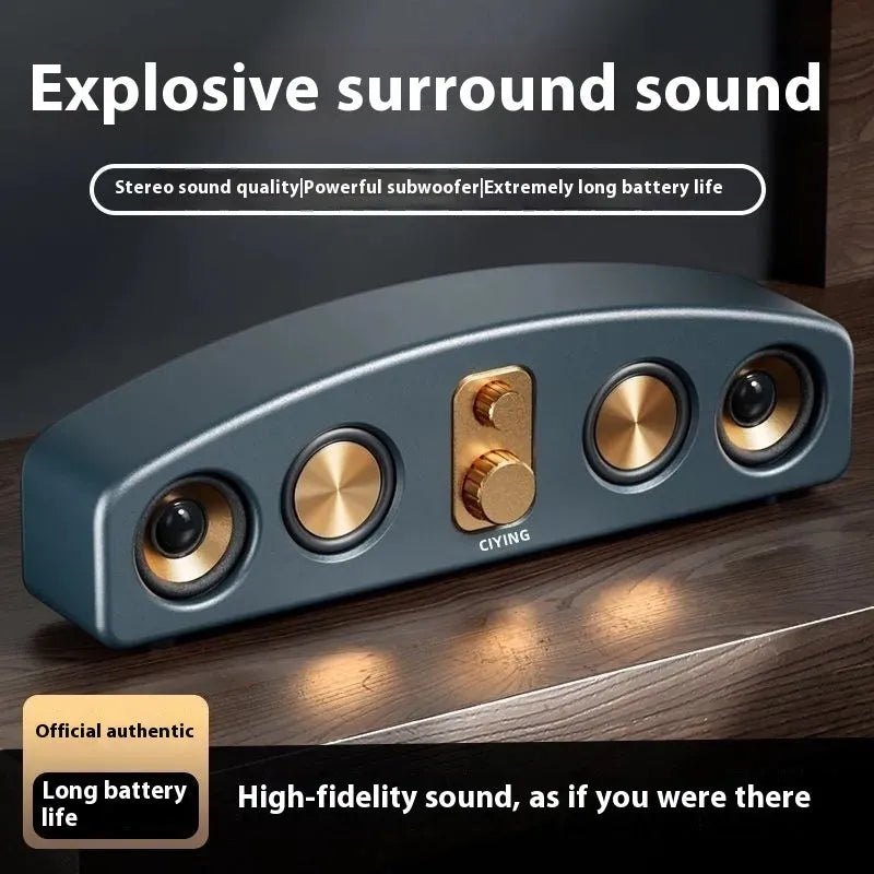 Retro portable Bluetooth speaker in wood grain finish with USB cable, for outdoor use