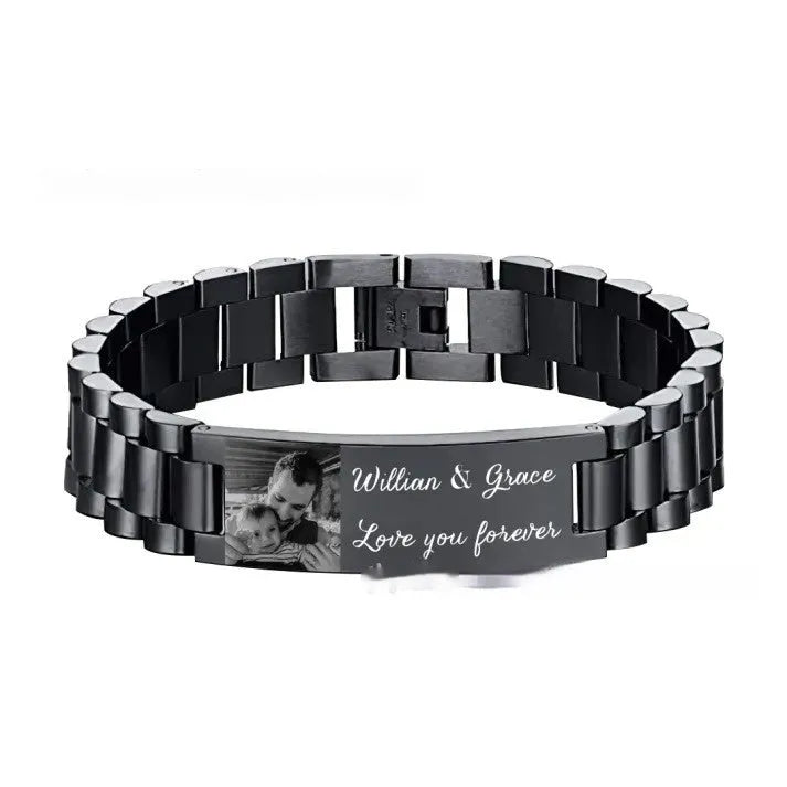 Titanium steel bracelet with curved heart-shaped piece featuring black lettering design