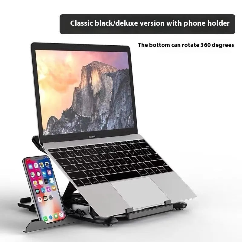 Black and white ABS plastic laptop cooling stand with rotating and non-rotating base options.