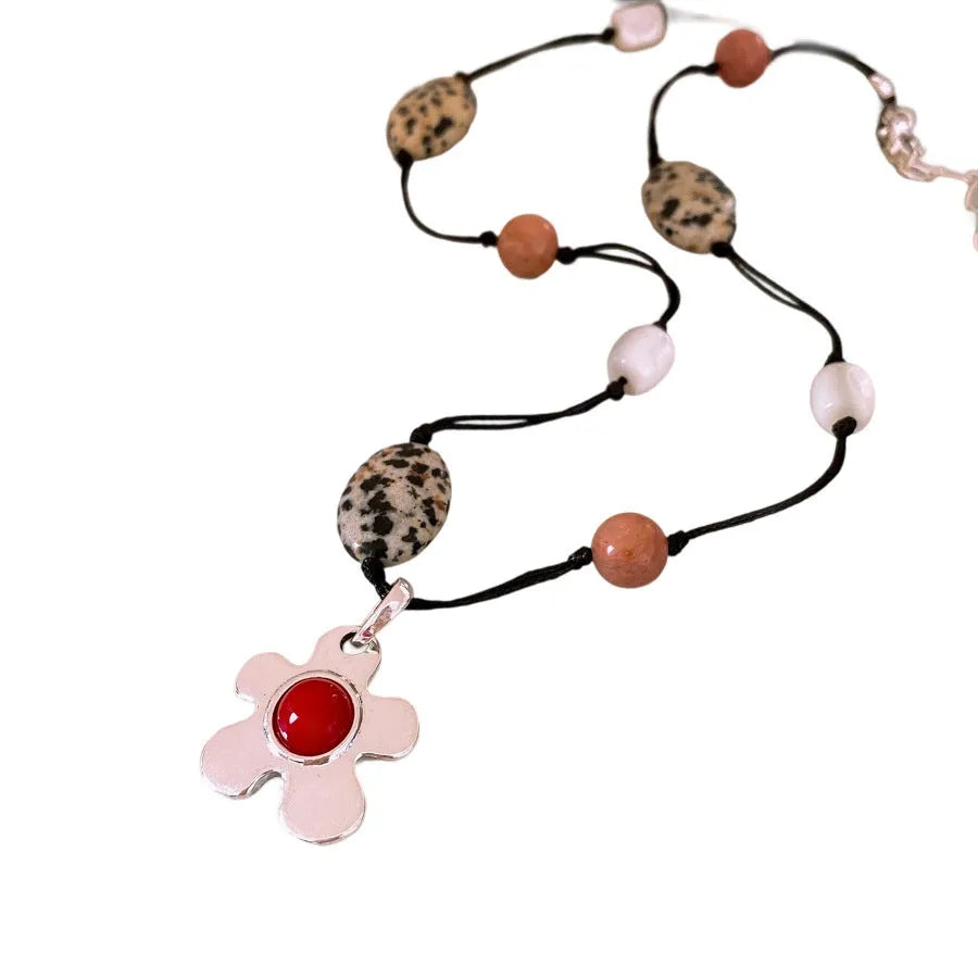 Stone shell beaded flower pendant necklace on adjustable 51-60cm clavicle chain