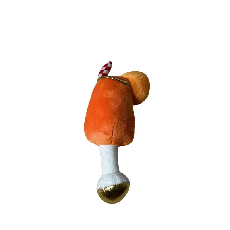 Yellow plush beer bottle squeaky dog toy with teeth-cleaning feature, 7cm size