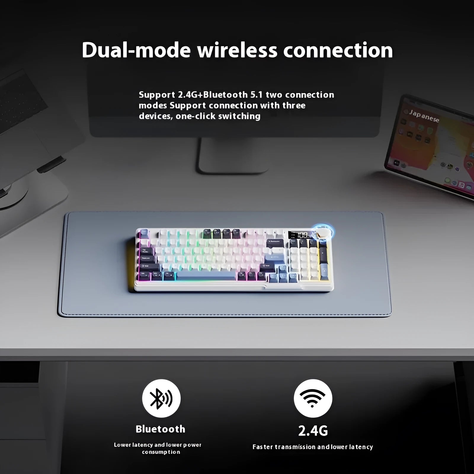 Wireless Bluetooth keyboard and mouse set with ball cap keycaps and multiple colour options on a desk