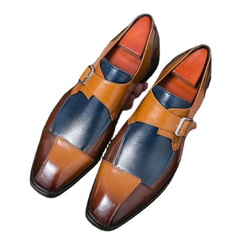 Men's British style casual leather shoes with retro buckle in black and brown-blue colours