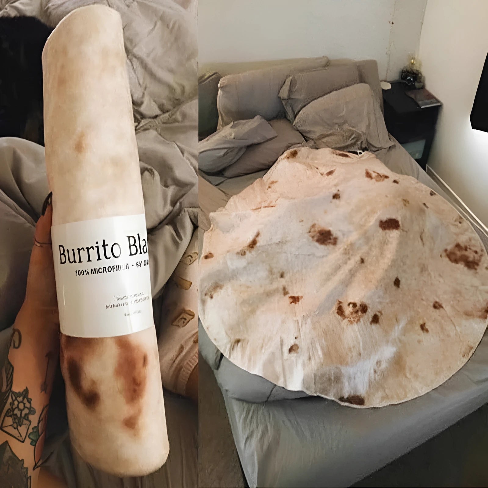 Round burrito design blanket in coral fleece flannel with tortilla print, folded to show size