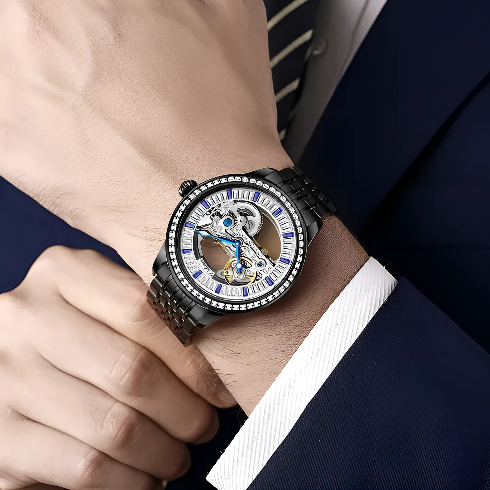 Luxury zircon mechanical men's watch with waterproof case and choice of straps