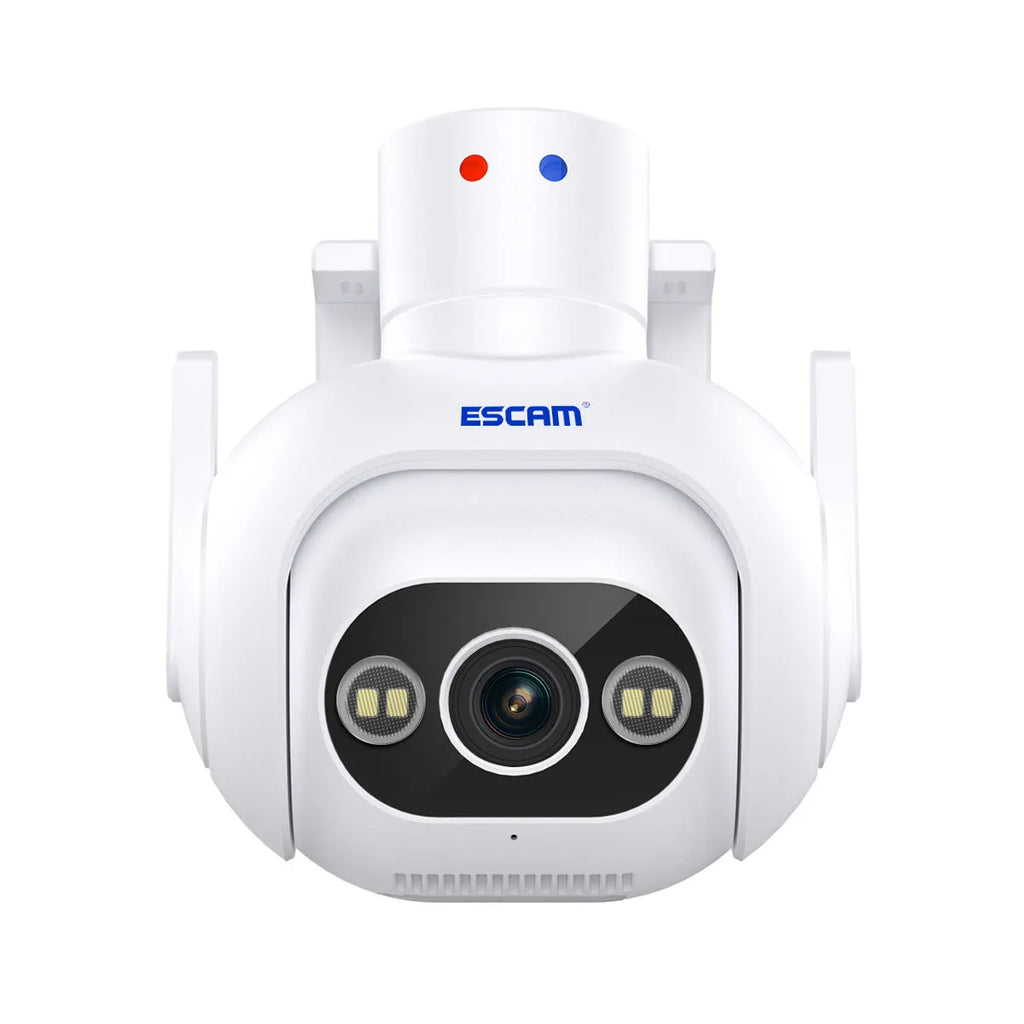 White plastic 4MP smart security camera with wall mount bracket and 12V power adapter