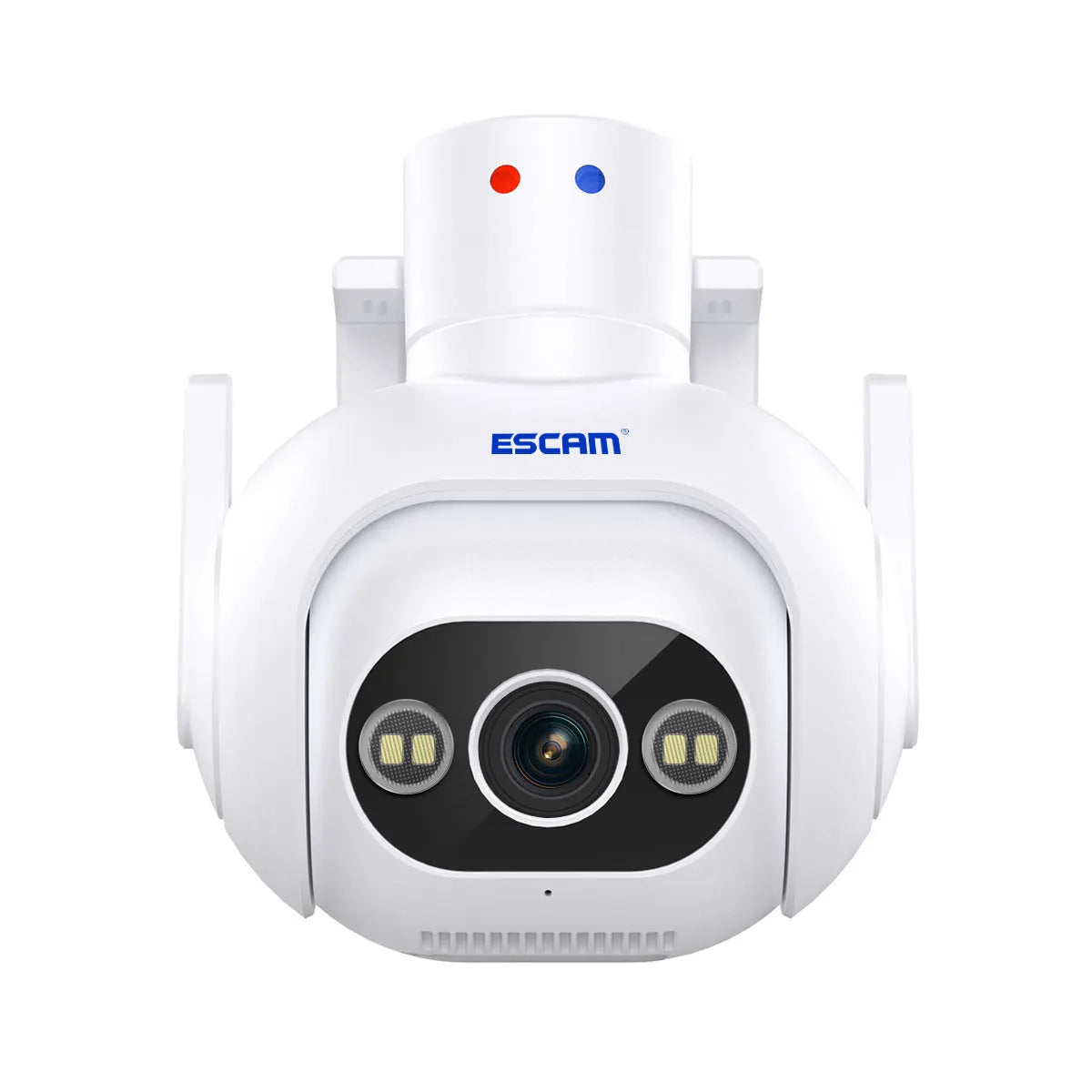 White plastic 4MP smart security camera with wall mount bracket and 12V power adapter