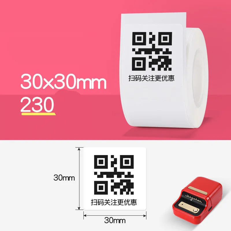 Thermal barcode paper labels with protective film on a roll, multiple size options from 30mm to 80mm, direct thermal printing.