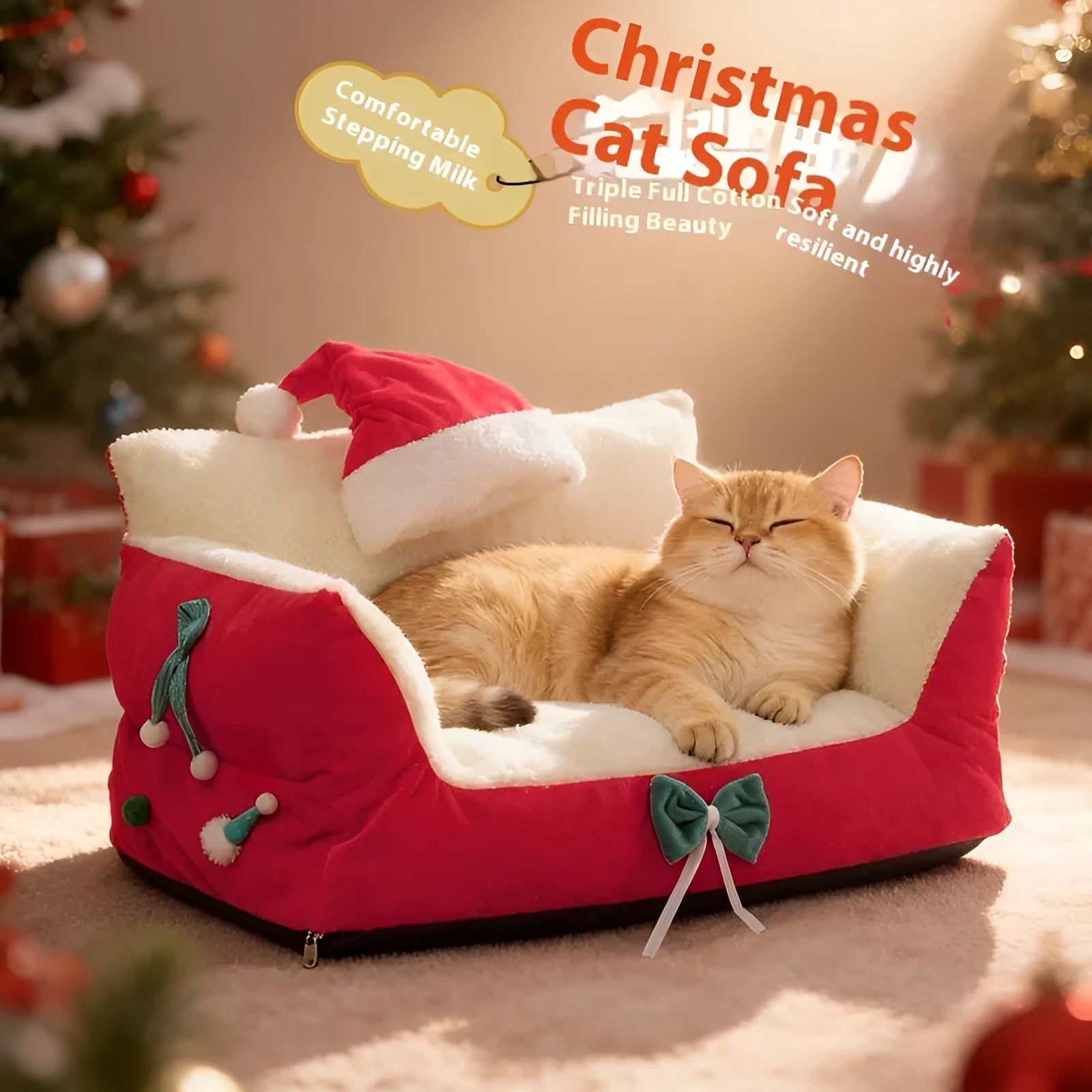 Flannel cat nest in red with removable washable cover, plus-sized variant, on floor