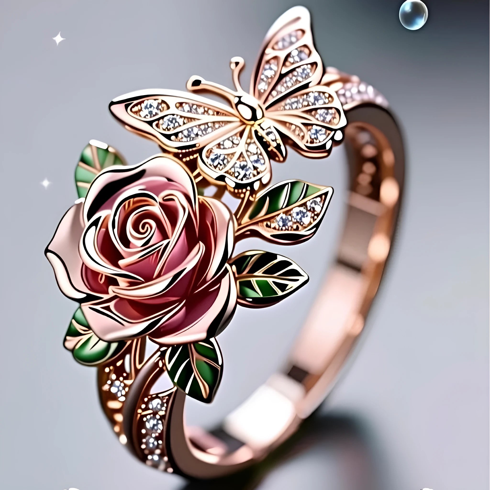 Colourful adjustable butterfly ring with floral details and a dripping oil finish.
