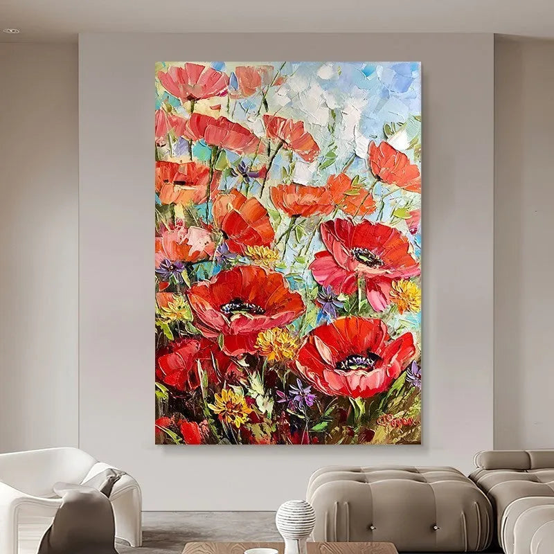 Handmade oil painting of thick red flowers on unframed canvas, vertical orientation, modern style