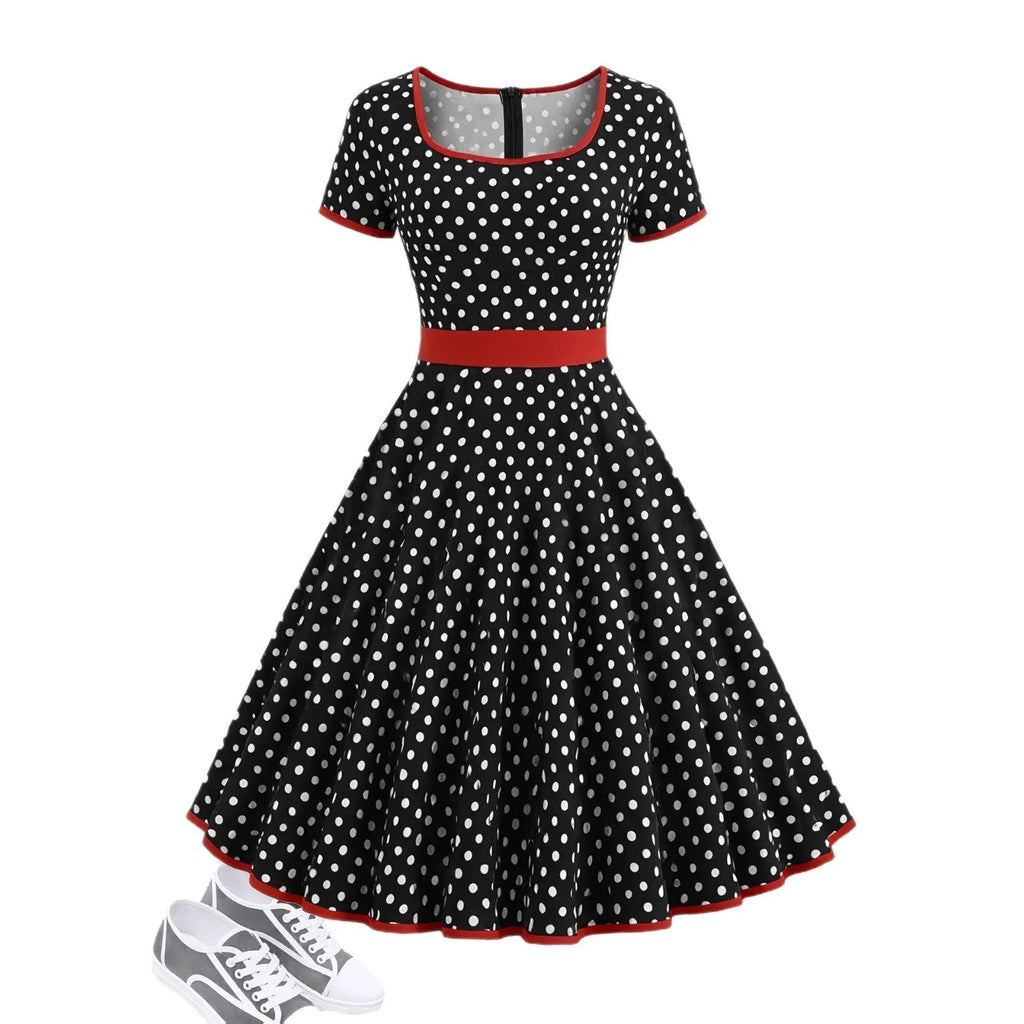 Multicolour polka dot pleated dress with square collar and front zipper.