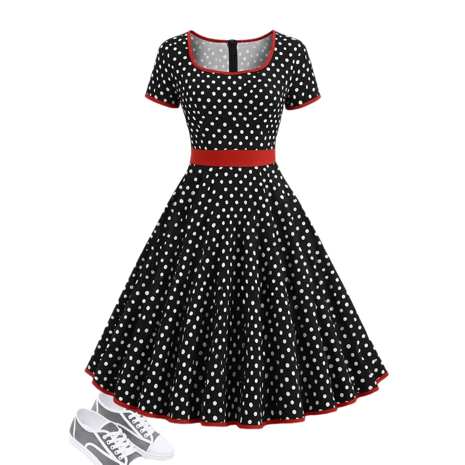 Multicolour polka dot pleated dress with square collar and front zipper.