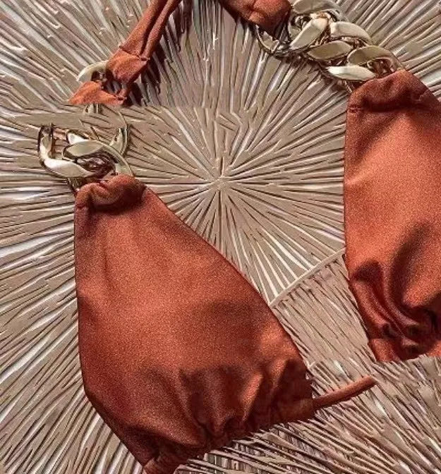 Brown push up tube top bikini with a ring tether detail on the split style swimsuit bottom.