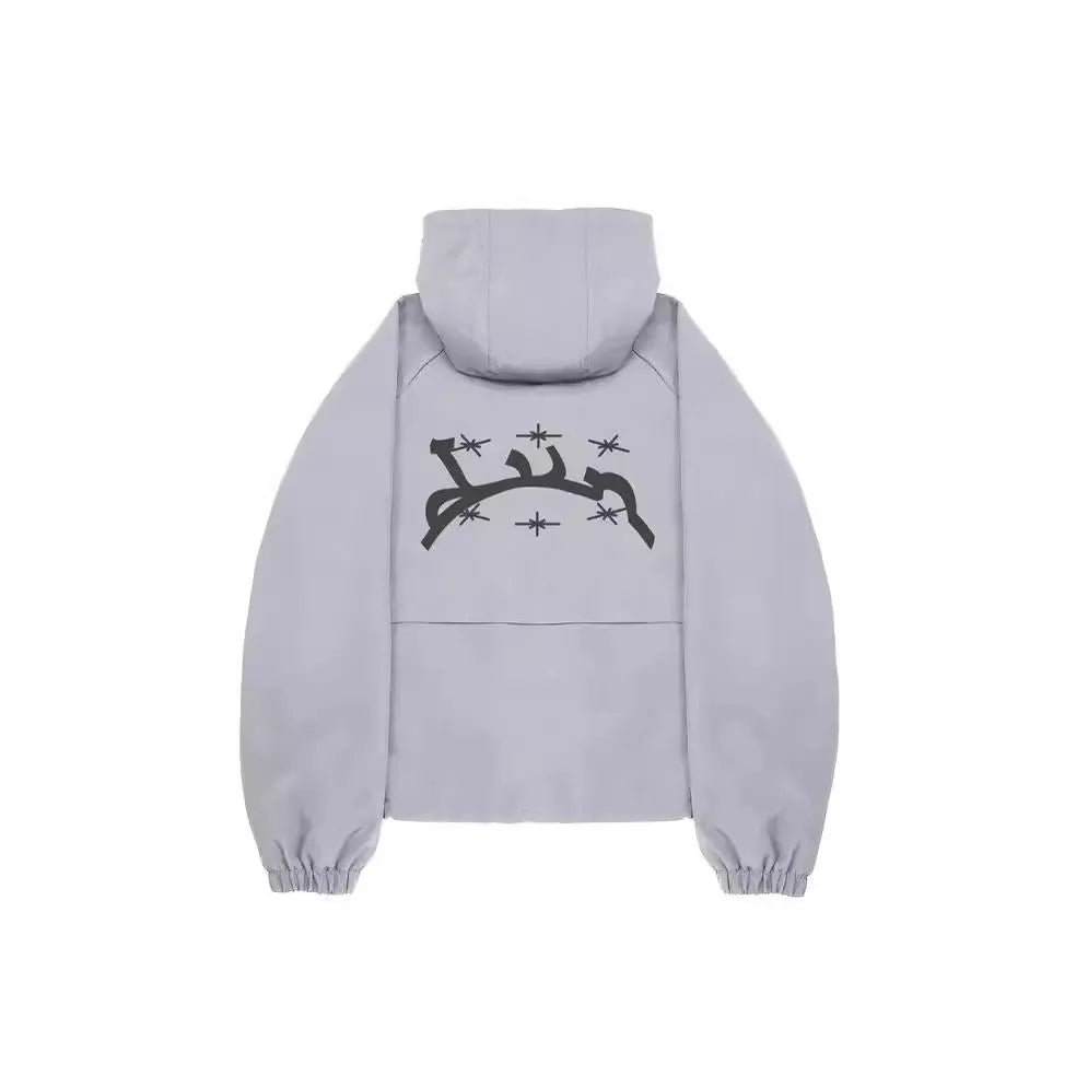 Men's grey hooded sunscreen jacket in British style with zip front and loose fit design