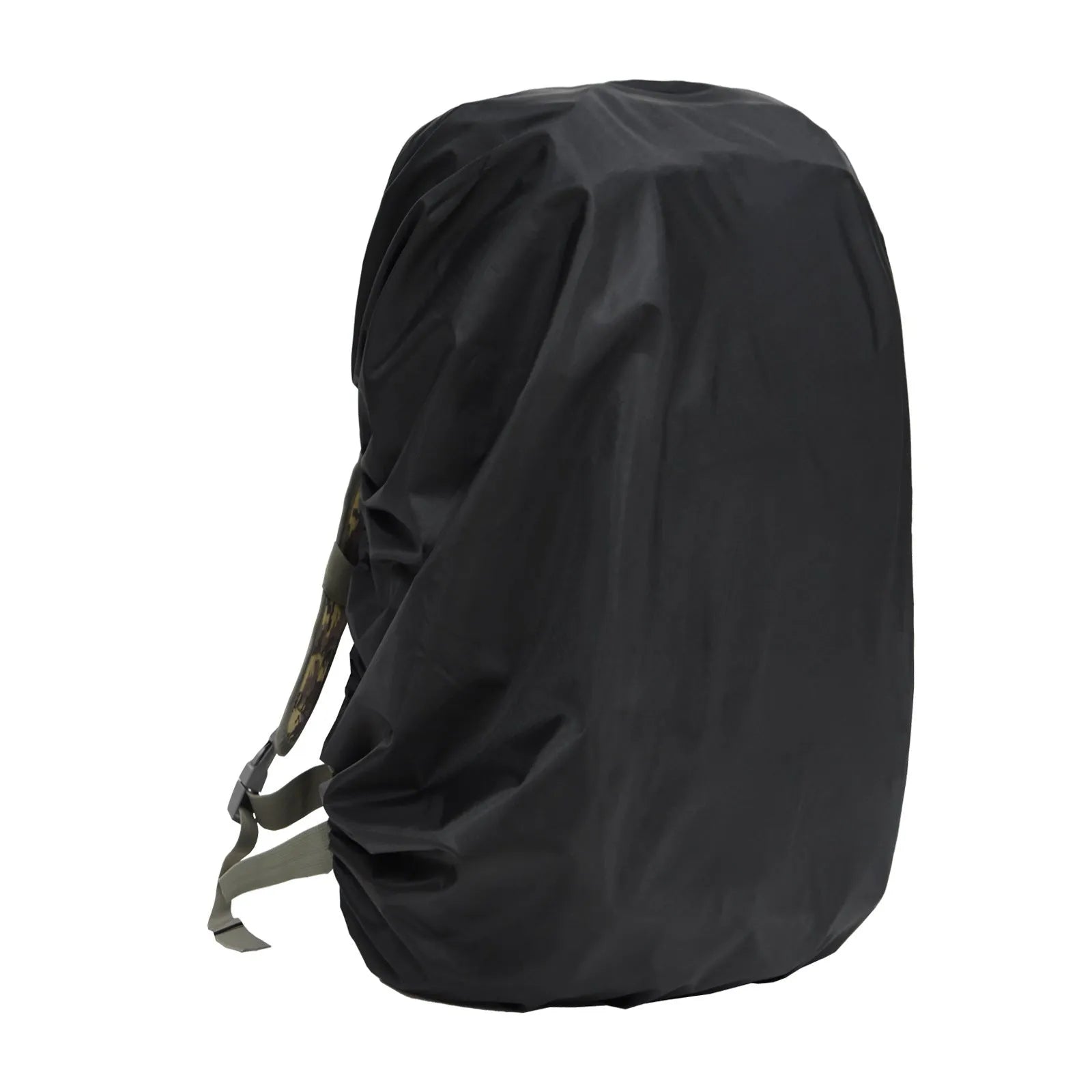 Army green PU material backpack rain cover laid flat, sized for an 80L pack.