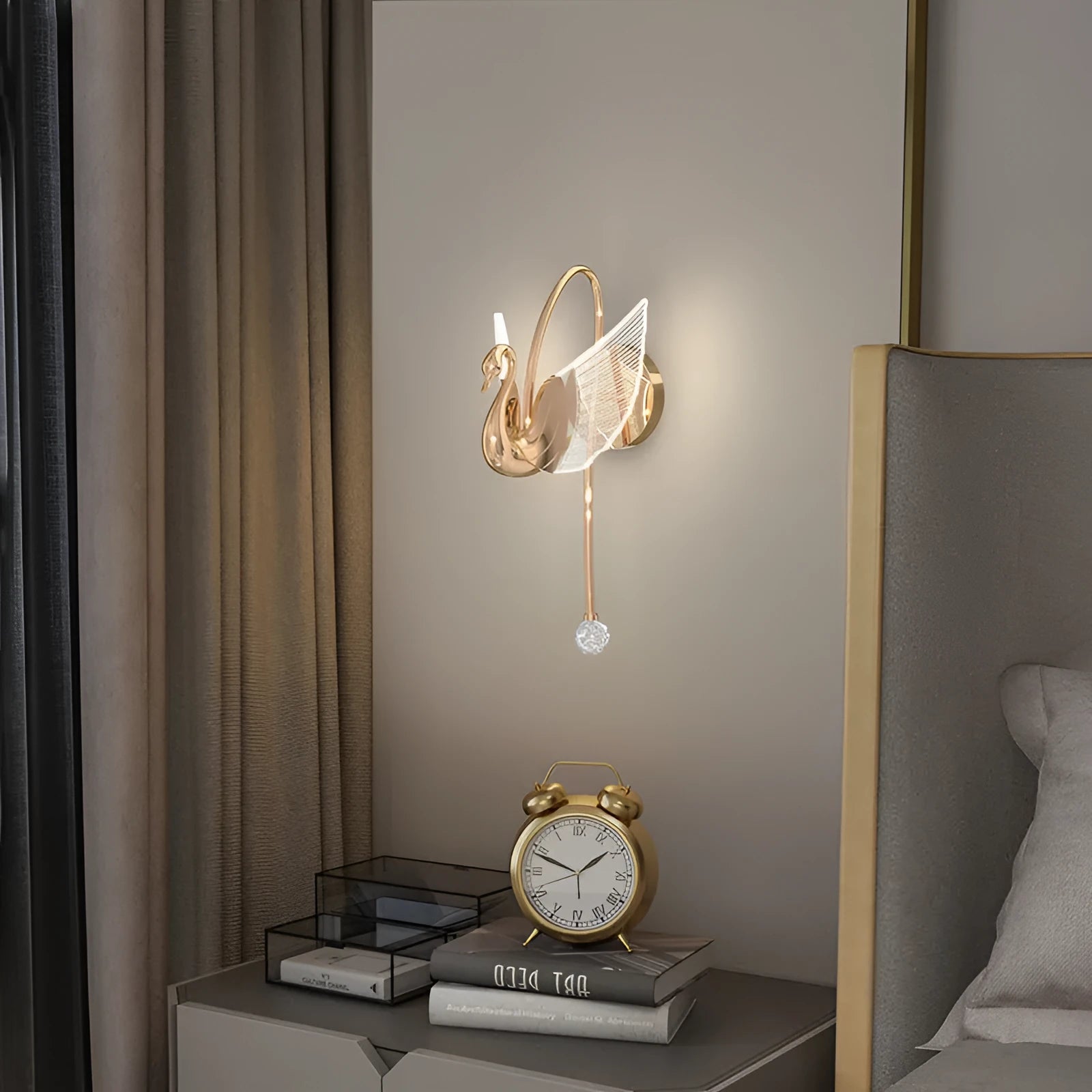 Gold swan-shaped wall lamp with acrylic shade and iron construction for bedroom lighting