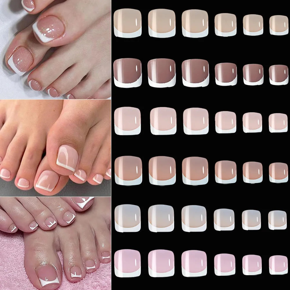 120-piece box of French white edge nude full square short artificial toenails in nine shades