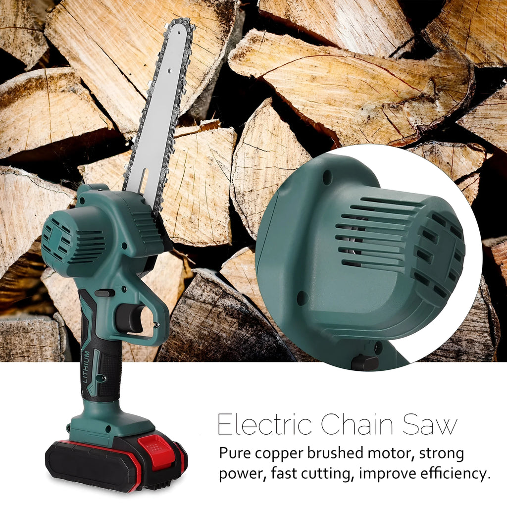 Black one-handed mini electric chainsaw with a 4-inch guide bar on a wooden surface.
