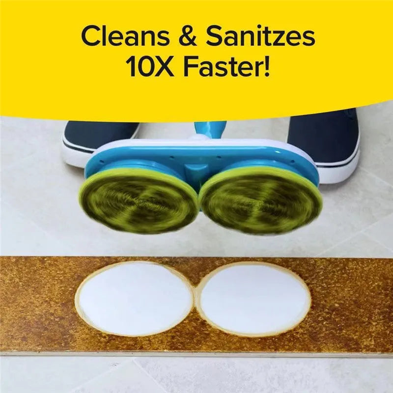 Hand-held wireless electric floor mop with USB charging port and a set of cleaning pads.