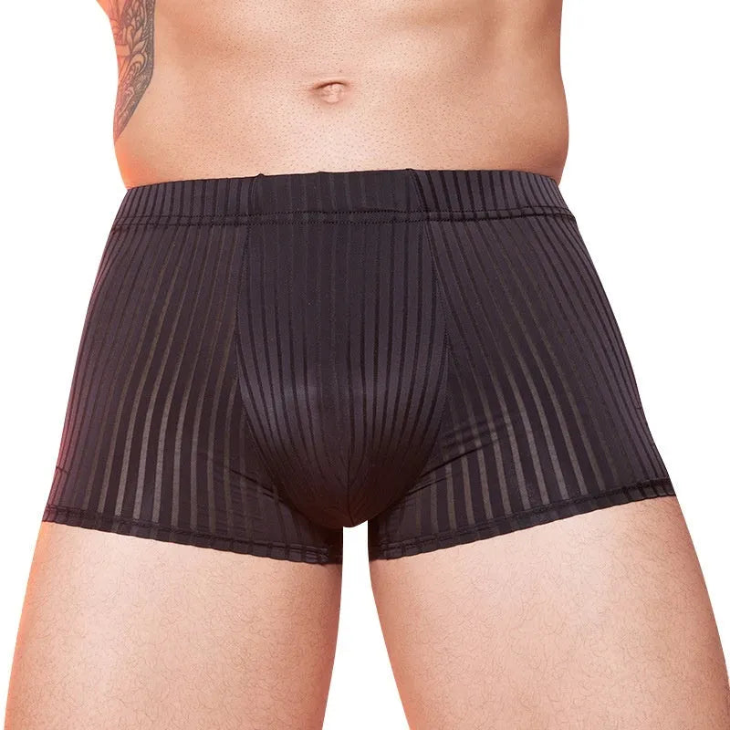 Men's striped underwear in thin transparent nylon fabric, shown in black, dark grey, and white colours.