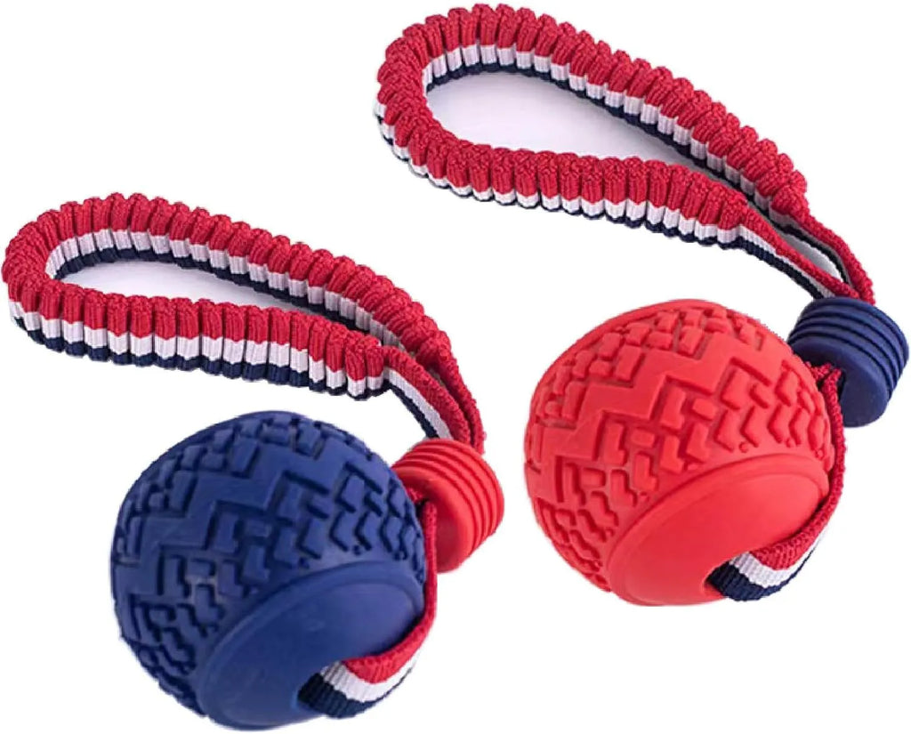 Blue rubber dog ball with rope handle for tug-of-war and teeth cleaning