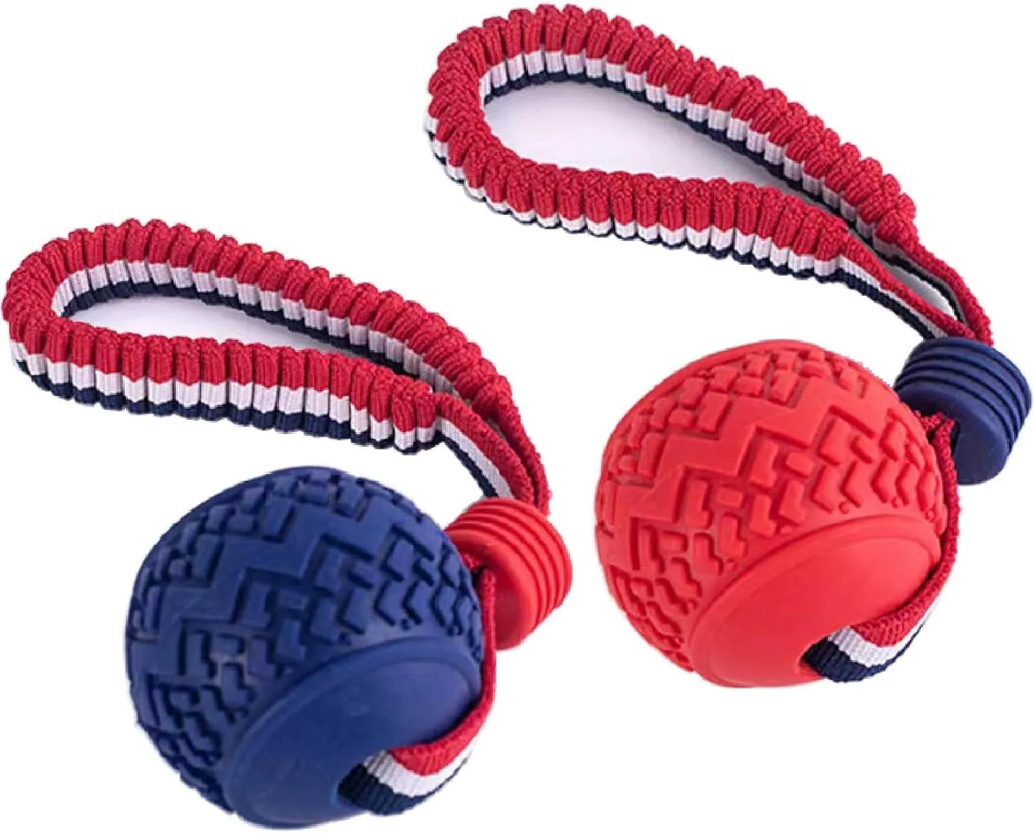 Blue rubber dog ball with rope handle for tug-of-war and teeth cleaning