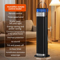 Tall vertical ceramic space heater with humidifier function and remote control on a wooden floor.