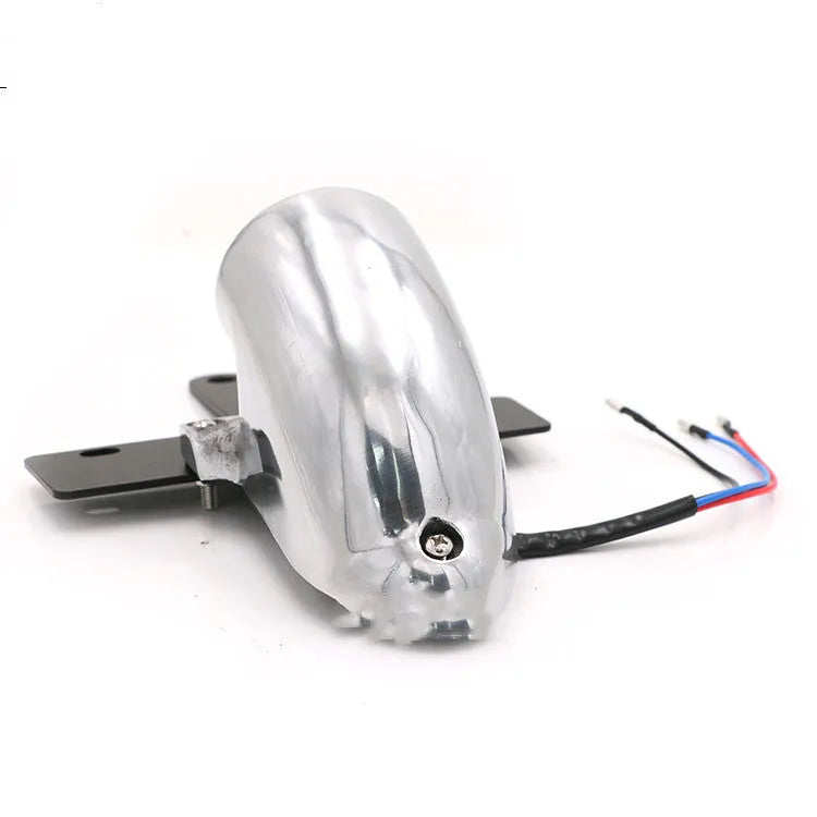 Silver aluminium alloy Lucas-style motorcycle taillight brake light with red lens and 36cm cable on white background