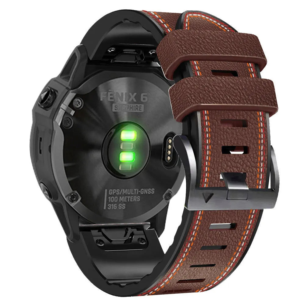 Quick release silicone leather watchband for Garmin Fenix watches in black, shown detached.