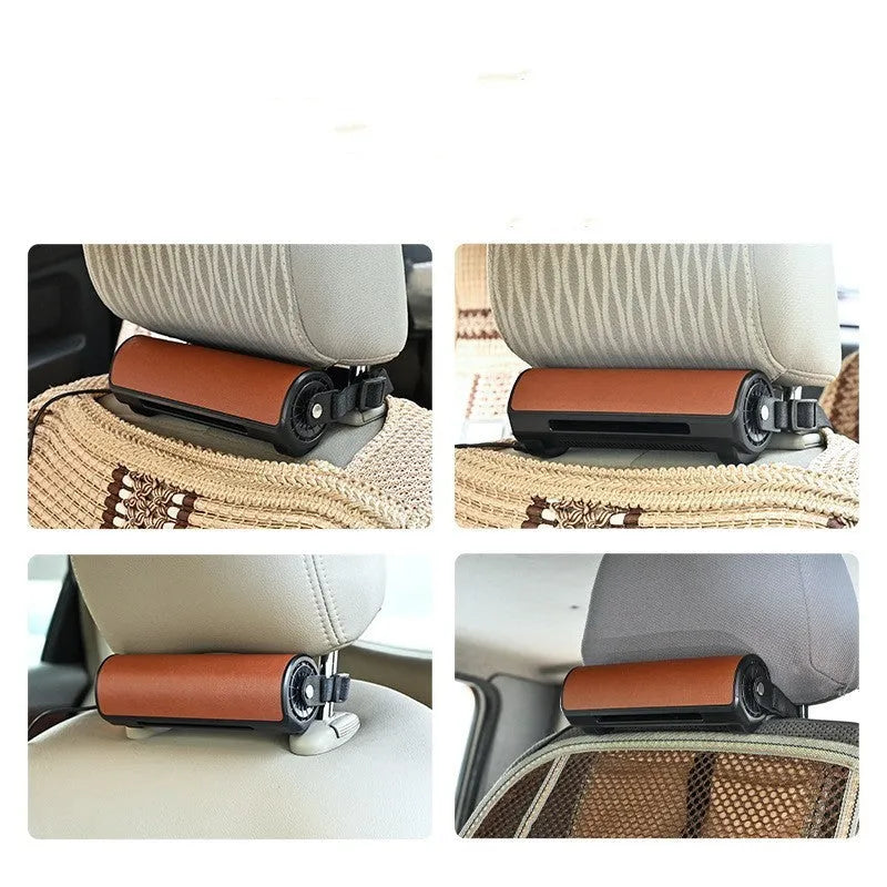 Bladeless car mounted fan in black colour showing USB power connection and compact 57mm width design