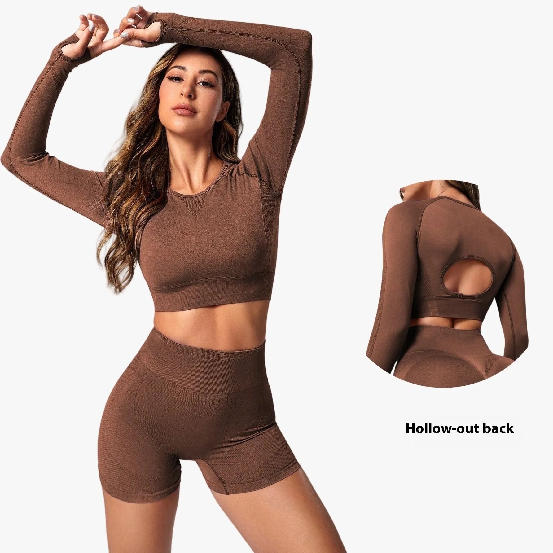 Women's black yoga clothes two-piece set showing long sleeve top and high-waist tight pants.