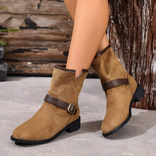 Women's casual metal buckle slip-on Martin boots, pointed toe, low shaft, rubber sole, khaki colour