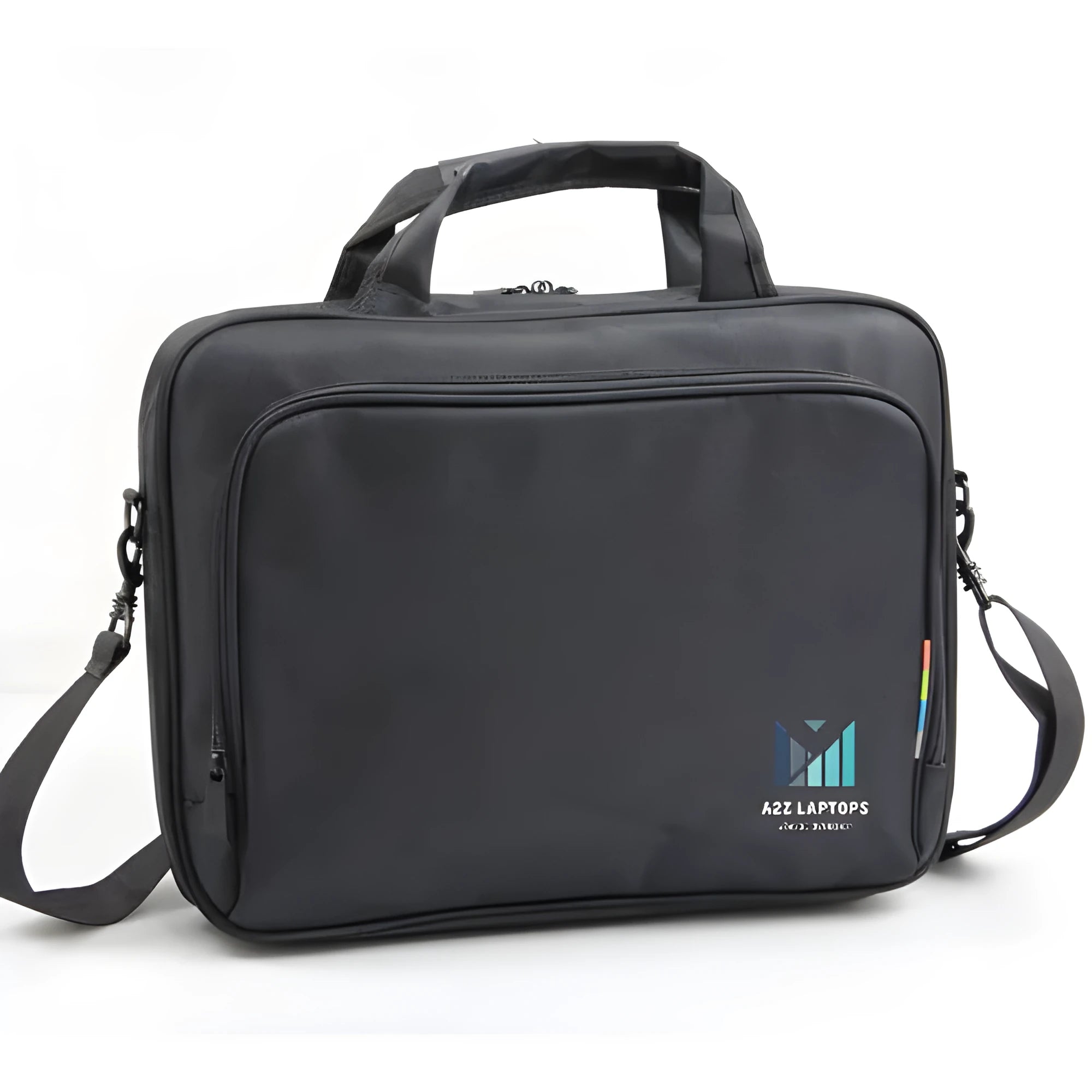 Black 15 inch nylon computer bag with shoulder strap on a flat surface
