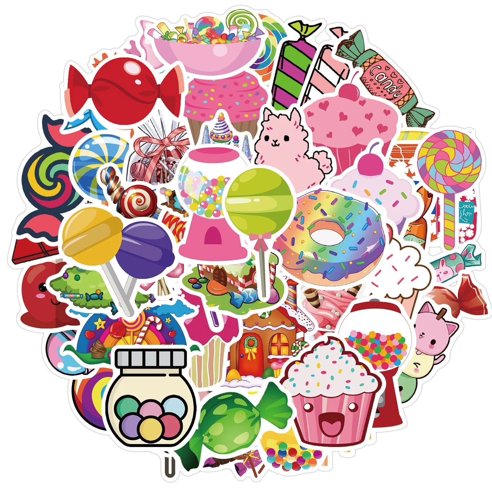 Pack of 50 colourful Candy Series graffiti and cartoon stickers, each measuring 4-6cm.